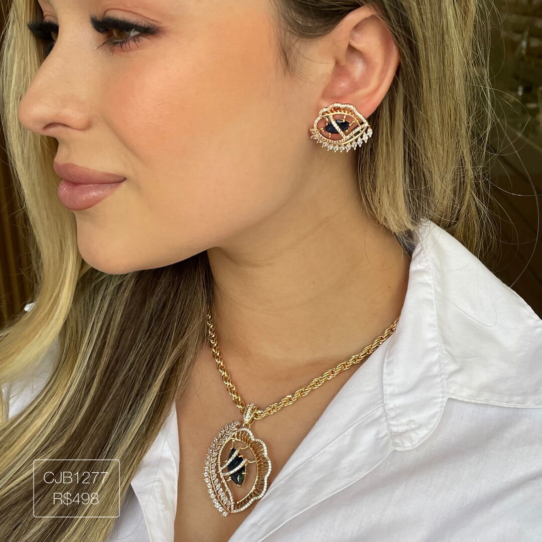 Conjunto Navete Azul Super Luxo Cravejado Cristal Dourado